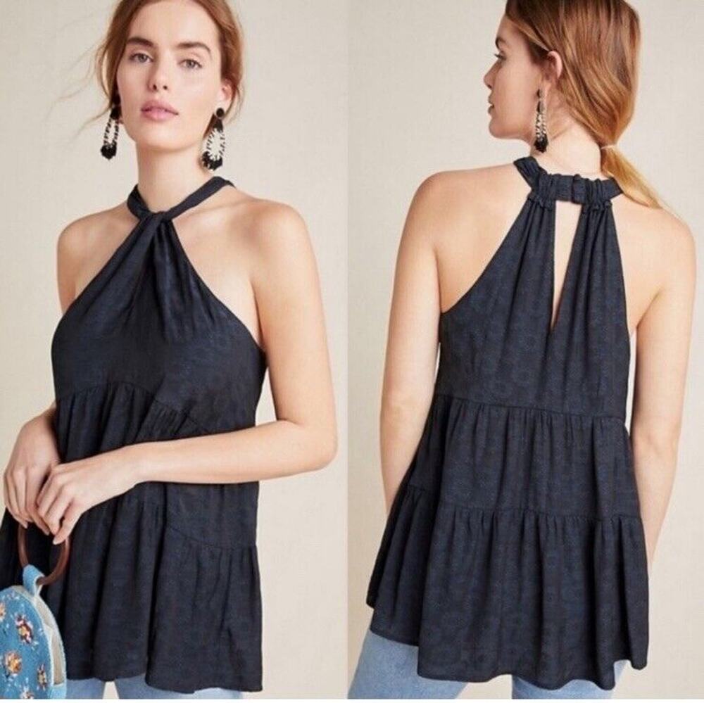 Anthropologie Women Lavinia Halter Sleeveless Blouse Top XXS Petite blue black